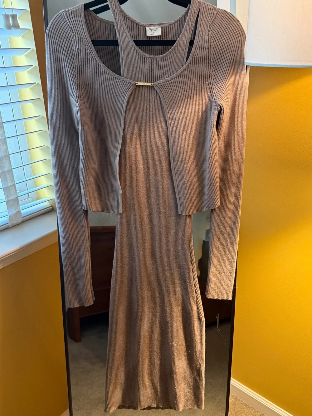 Abercrombie & Fitch Ribbed Maxi Dress with Cropped Cardigan - Taupe